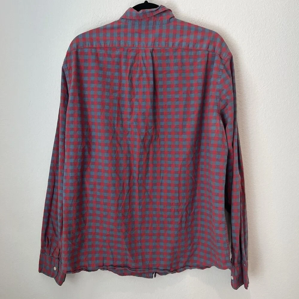 J Crew Button Down Shirt Mens XL Slim Fit Red Blue Plaid Long Sleeve Organic